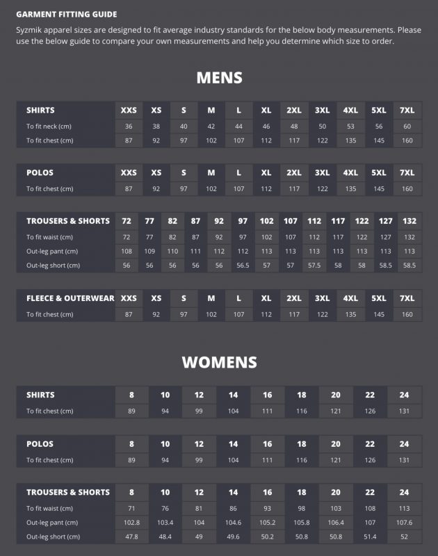 Syzmik Size Guide