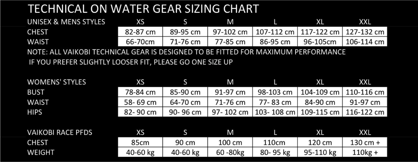 VXP RACE PFD - size Guide